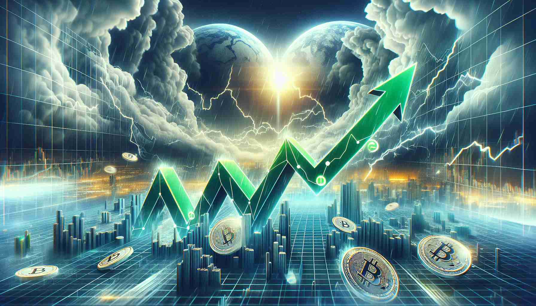 An illustrative image showcasing positivity and growth amidst uncertainty. This could be depicted as a graph with green rising lines, symbolizing Worldcoin cryptocurrency, in the foreground against a backdrop of a turbulent market storm, all rendered in photorealistic detail and High Definition quality.