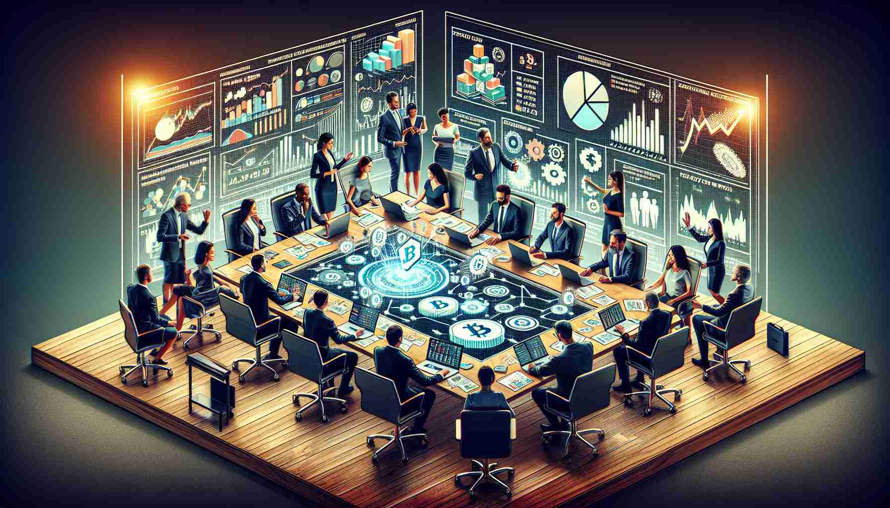 Create a highly detailed and realistic image that visually represents financial entities expressing increasing interest in investing in blockchain related tools or platforms. Picture a boardroom, with diverse individuals of various genders and descents involved in a deep discussion. Display various elements such as bar graphs, line graphs, pie charts on a projector that indicates a growing trend of investments in the blockchain market. There might be a table with a laptop displaying a live cryptocurrency market, and reports on blockchain analysis scattered across. Artists should immerse the viewers into this evolving financial landscape.