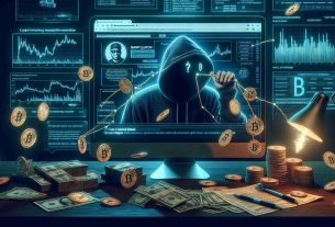 A high definition realistic illustration showing a fraudulent cryptocurrency scheme. There is an unknown manipulator behind the scheme taking advantage of a famous rapper's notoriety, although the rapper themselves is ambiguous and not detailed. Seen on screen are pieces of evidence indicating manipulative activities: fake news headlines, price spikes on crypto charts, anonymous digital accounts, and various currencies. The background is filled with online elements like dark web screen, pop-up ads, and email scams suggesting an atmosphere of illegal online activities.