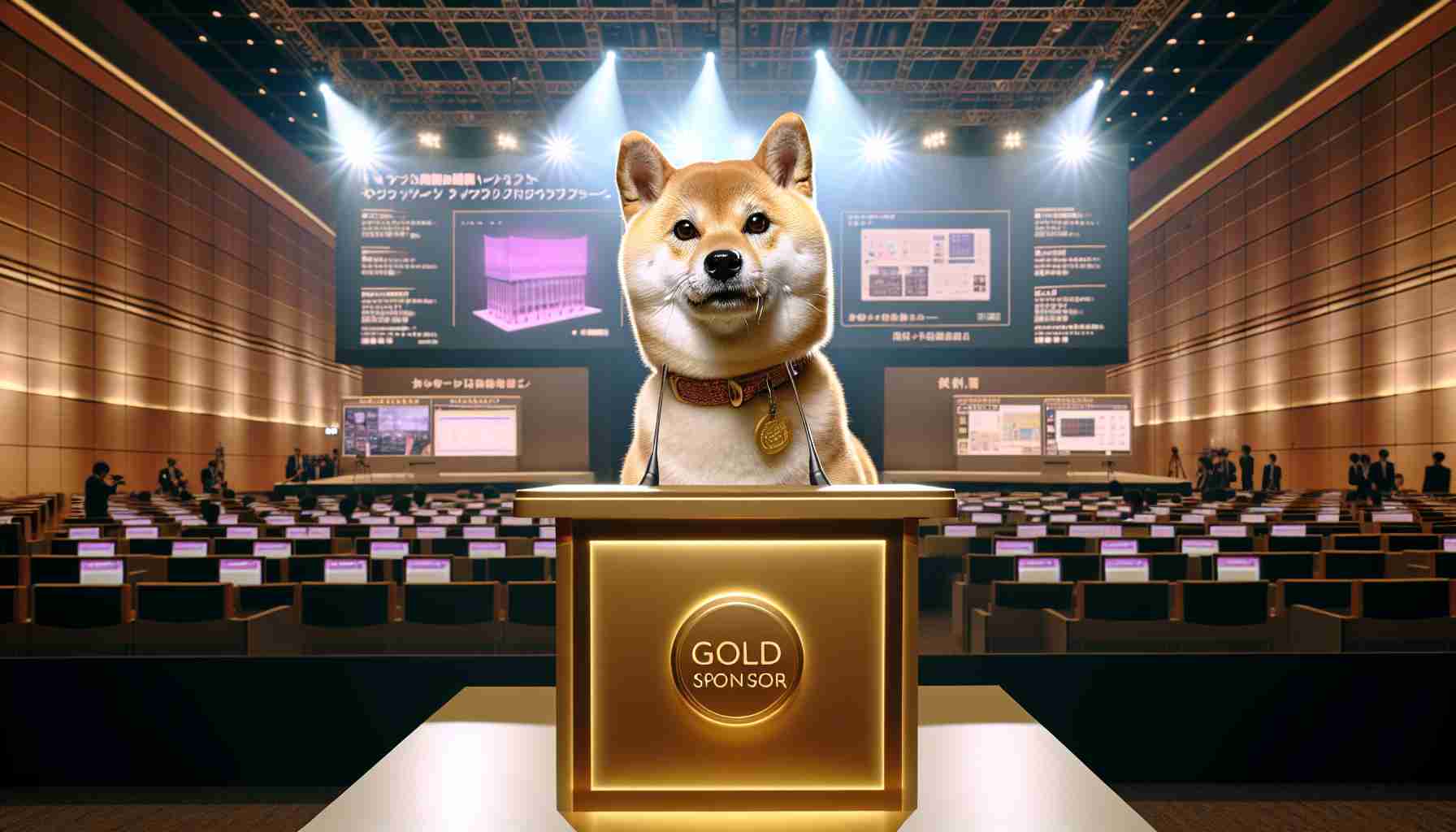 High-resolution realistic photo of a Shiba Inu dog taking center stage as a gold sponsor at a prestigious technology summit in Japan dedicated to Web3 technologies. The dog should be portrayed as the star attraction of the event, with bright stage lights illuminating its golden fur and big, beautiful eyes. The background should feature a modern-styled podium with a tasteful gold sponsor logo, rich in Japanese aesthetics. At this event, state-of-the-art computer screens and various web3 technology exhibits can be seen.