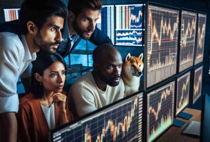 High-definition photo presenting a group of Shiba Inu enthusiasts, consisting of Middle-Eastern woman, Caucasian man, and Black man. They are engrossed in analysing price charts in a modern office environment surrounded by multiple monitors displaying a variety of financial information. The intensity in their eyes reflects their aspirations for significant price milestones.