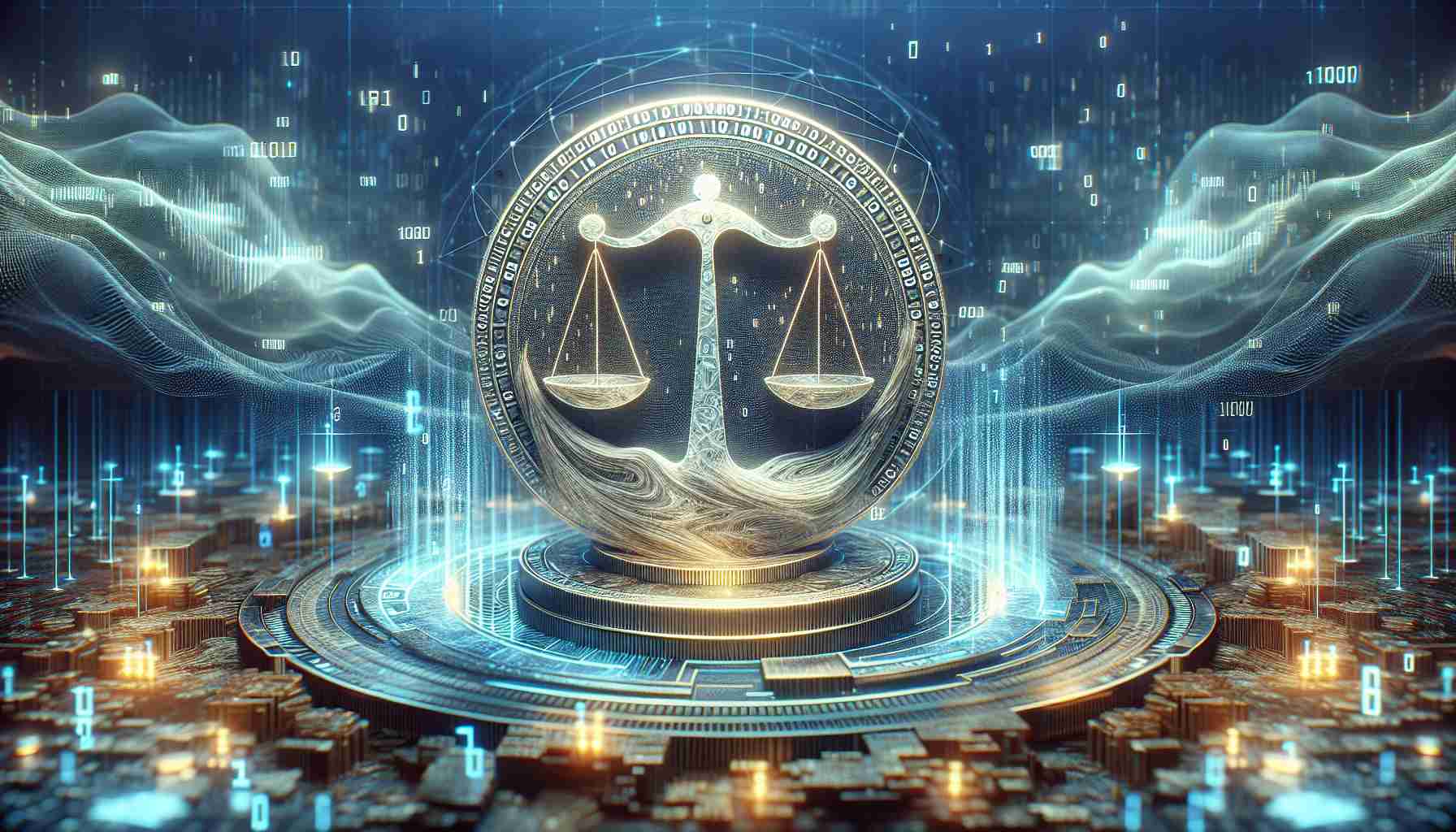 A highly detailed, realistic image of a symbolic representation of political rivalry in the world of cryptocurrencies, visualized through a bespoke, uniquely designed token. The symbolic token, titled 'PoliFi', incorporates elements like an abstract balancing scale to signify the struggle, and binary codes to represent its digital nature. The token floats in an ethereal, cyberspace-like landscape with a background of immersive elements such as holographic data charts, swirling vortexes of numbers, and pulsating network waves to underline the domain of cryptocurrency.