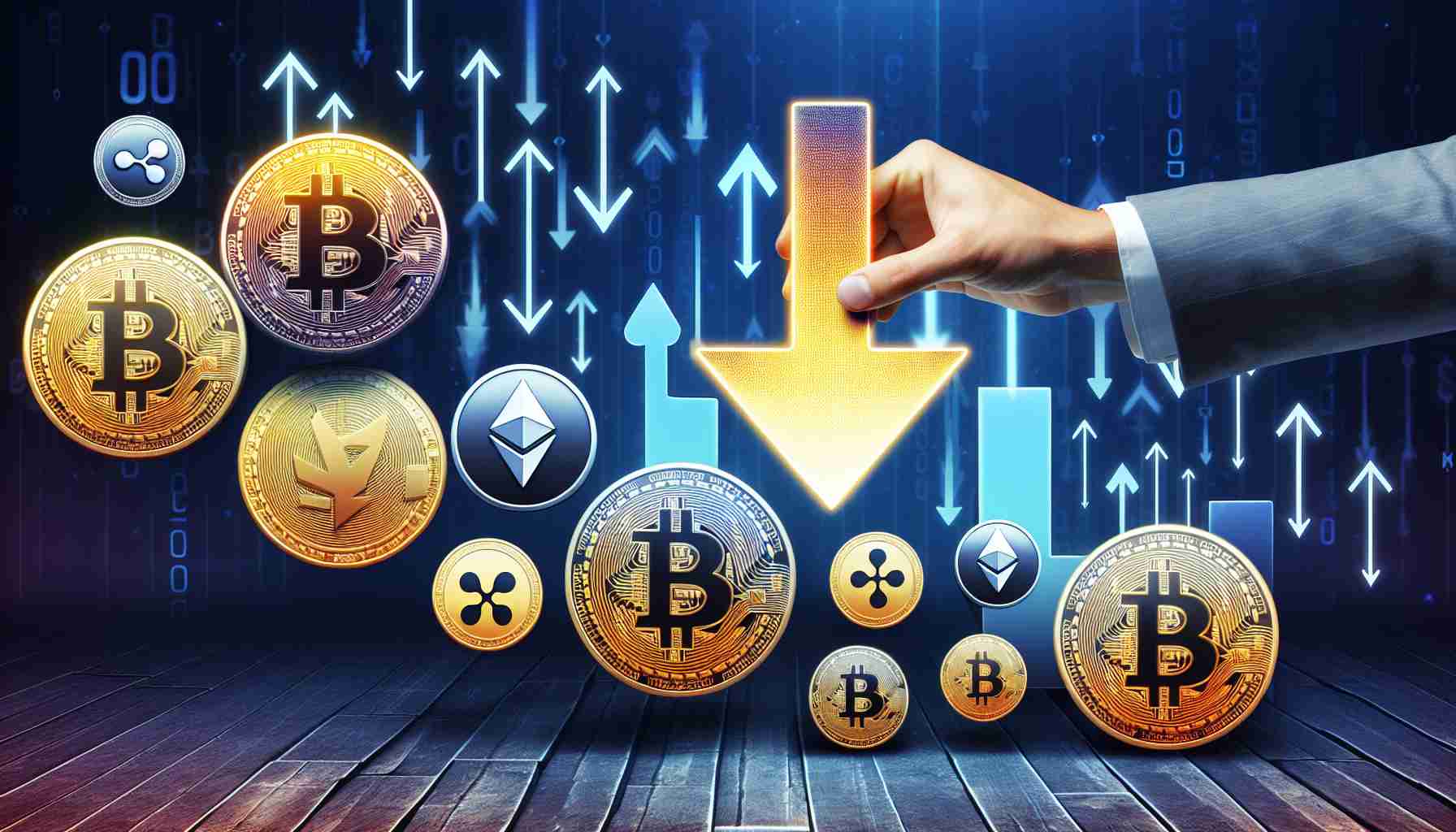 Generate a high-definition realistic image of major cryptocurrency symbols like Bitcoin, Etherium, and Ripple, arranged in a downward stage formation. On one side of the image, show a graphic representation of a hand releasing a Bitcoin, symbolising reduction in holdings.