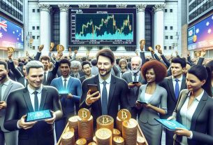 Render a realistic, high-definition image showcasing the inaugural exchange-traded fund (ETF) for Bitcoin being welcomed by investors in Australia. The scene should take place in the vicinity of the Australian Securities Exchange (ASX), with various investors, both male and female of diverse descents such as Hispanic, Middle-Eastern, and Caucasian. They should seem enthusiastic, holding digital devices showcasing Bitcoin symbols, price graphs, and relevant data.