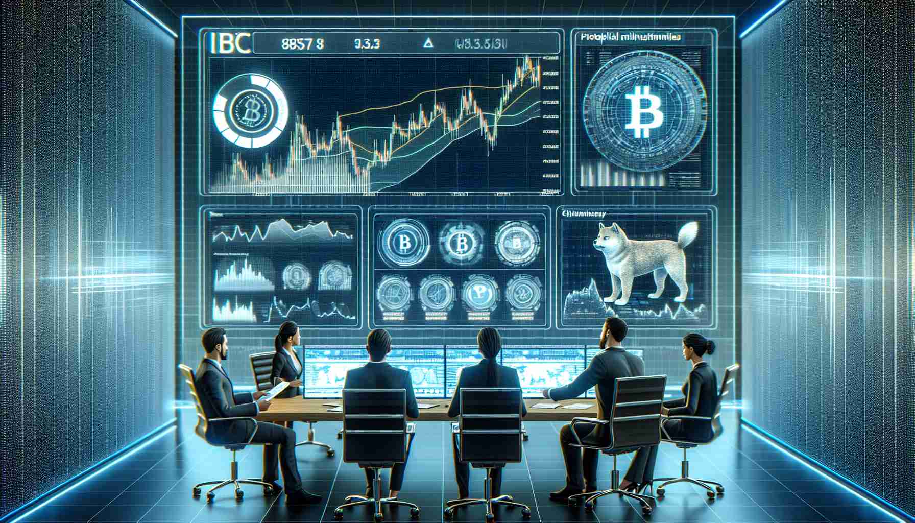 A high-definition, realistic illustration of analysts reviewing charts and data on a futuristic computer screen. The charts display potential milestones for a hypothetical cryptocurrency, analogous to Bitcoin, and a hypothetical digital asset resembling Shiba Inu. They are immersed in a discussion, predicting a prosperous future for these digital assets.