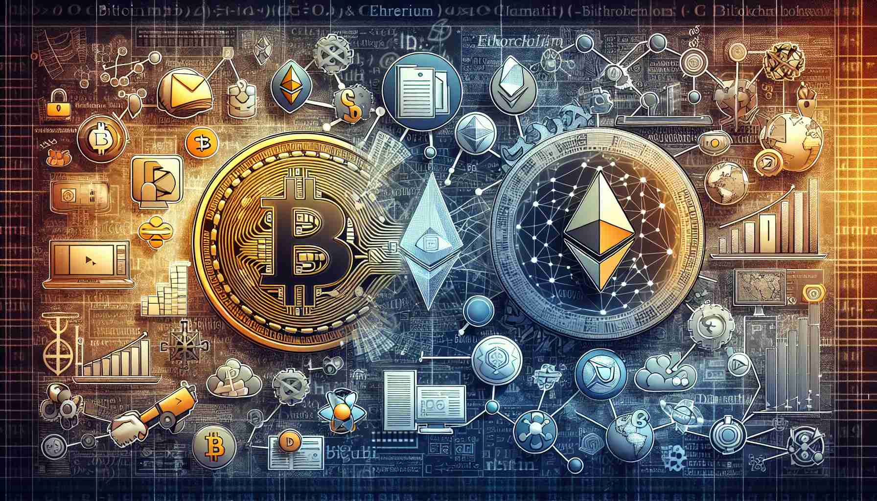 Create a HD quality image portraying the symbolic representation of Bitcoin and Ethereum as primary aspects of the mainstream adoption of Blockchain technology. The image should vividly illustrate these two cryptocurrencies at the forefront, surrounded by icons and artworks that represent the evolution and advancement of the Blockchain landscape. The background could be a technological blueprint with patterns of mathematical data, coding languages, and different Blockchain life cycle stages.