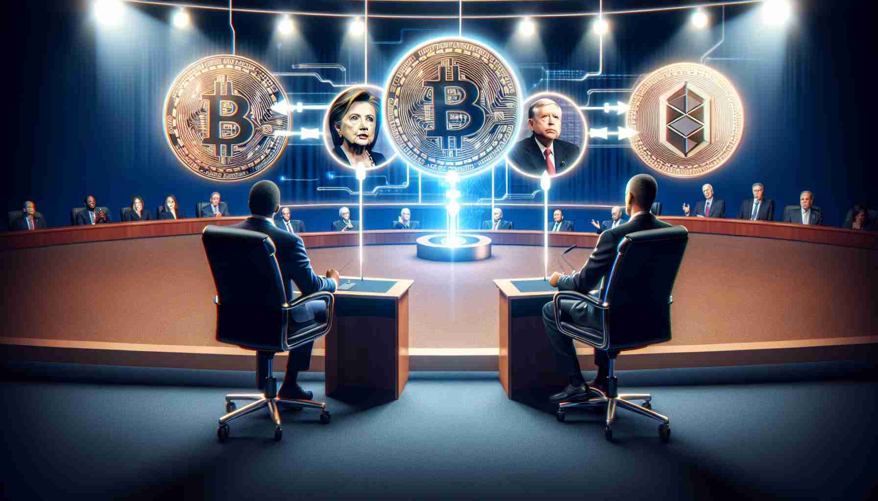 Highly detailed realistic visualization of heightened anticipation for discussing digital currencies in a public debate by two notable figures. The main focus is on specific crypto tokens viewed on a digital screen. Please avoid any specific references to real people or politicians.