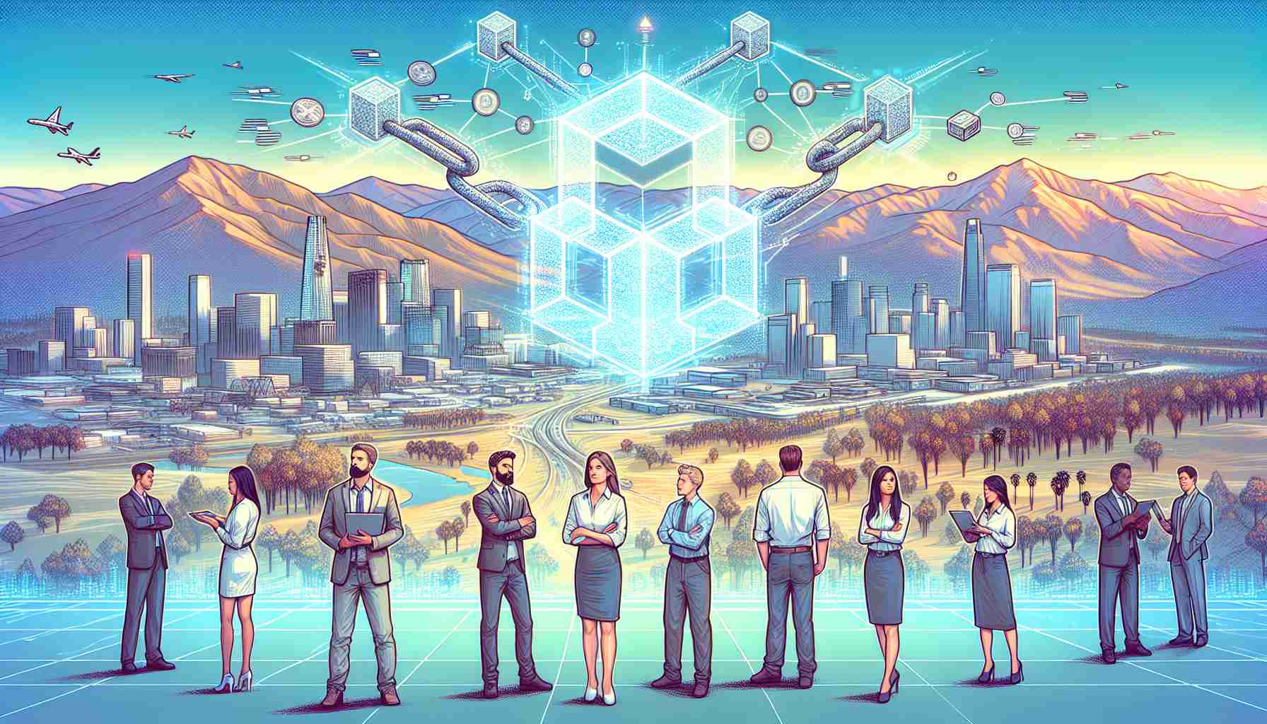 Visualize an HD quality, futuristic landscape where the backdrop consists of various landmarks iconic to California such as its signature palm trees, Pacific coastline, and Sierra Nevada mountains. At the forefront, manifest the concept of the Blockchain Revolution. Perhaps a symbolic chain constructed with blocks of code, connected nodes spread across the landscape, and people of various professions - a Caucasian female software engineer, a Middle Eastern male entrepreneur, a Hispanic female finance expert - demonstrating involvement in this revolution. Their actions may involve coding, discussing strategies, or conducting transactions.