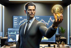 An extremely detailed and realistic high definition portrayal of a mature man, of Caucasian descent, with short dark hair, a lean physique, and a confident expression. He is holding a golden symbolic representation of Bitcoin in his hand, symbolizing its monumental potential. The man is depicted in a modern office setting which includes technology-driven accessories, such as desktops and digital screens displaying cryptocurrency graphs.