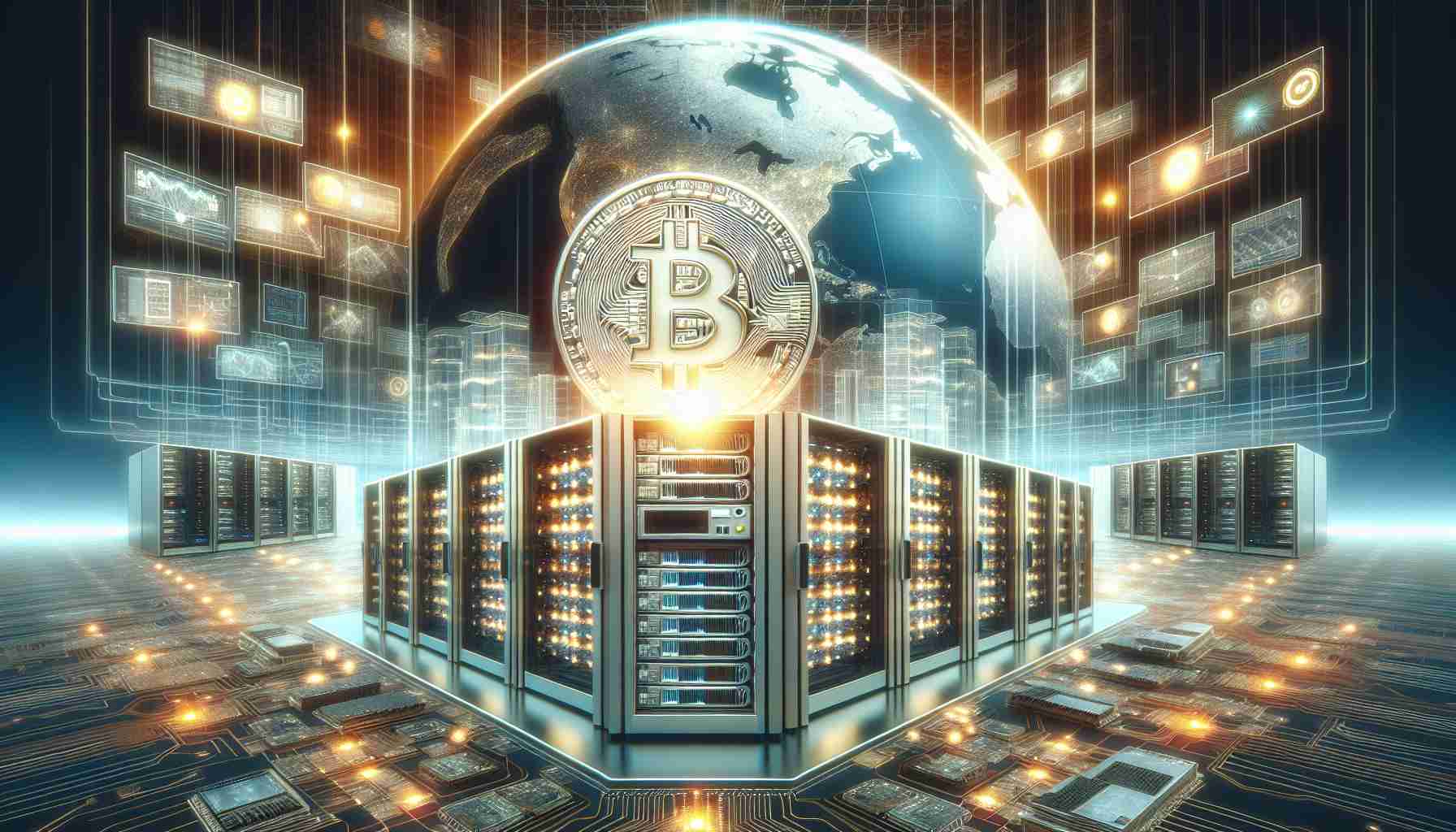 A realistic, high-definition illustration featuring the abstract concept of a major communications company foraying into the world of Bitcoin mining. The image shows a detailed view of a data center with arrays of computers running sophisticated software. The air is subtly glowing with emanating heat from the machines. Also depicted are signs of large-scale data transfer and encryption algorithms, with a background hinting at global interconnectivity. The foreground hosts the company's iconic color palette but not its logo.