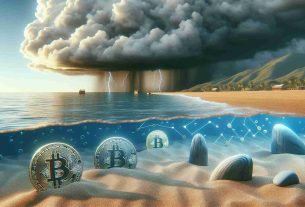 A highly detailed and realistic depiction of a tranquil summer scene, symbolising 'calm before the storm'. The scene could have a serene beach with clear skies, a calm sea, and gentle waves lapping against the shore. Juxtapose this with the impending storm, shown as dark storm clouds gathering on the distant horizon. In the foreground, symbolize the crypto markets with physical depictions of coins and transaction graphs embedded into the calm landscape, on surfaces like the sandy beach or pieces of driftwood.