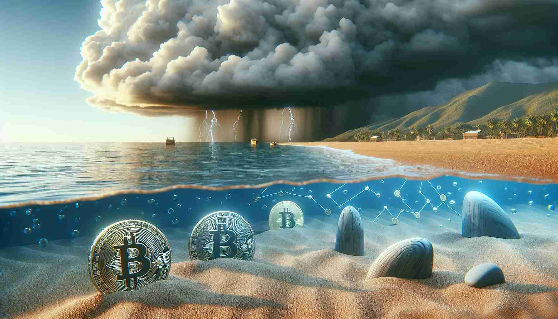 A highly detailed and realistic depiction of a tranquil summer scene, symbolising 'calm before the storm'. The scene could have a serene beach with clear skies, a calm sea, and gentle waves lapping against the shore. Juxtapose this with the impending storm, shown as dark storm clouds gathering on the distant horizon. In the foreground, symbolize the crypto markets with physical depictions of coins and transaction graphs embedded into the calm landscape, on surfaces like the sandy beach or pieces of driftwood.