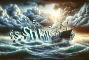 High-definition, realistic image visualizing the concept of a market in turmoil, embodied through symbolic icons of market trends showing a downtrend, against the backdrop of a clouded turbulent sky, with the name 'Solana' depicted as a stumbling giant-sized ship, facing choppy waters and stormy weather, signifying the setbacks it is going through.