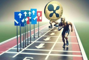 Create a realistic, high definition image representing the concept of the XRP cryptocurrency potentially preparing for a rally, within a mixed market environment. The image could feature a metaphorical personification of XRP as an athlete on a race track, ready for action, with signs, signals and symbols of different directions (up, down, left, right) to represent the mixed market signals.