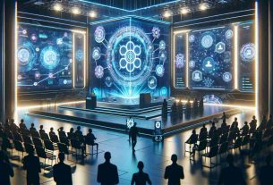 Imaginary situation portraying the unveiling of the new era of live Blockchain interactions. Portray a futuristic conference stage with a grand presentation screen displaying complex blockchain diagrams. Show silhouettes of people attentively watching the presentation. In the foreground, a stand representing Solchat, with various tech devices displaying live data. Physical details like gleaming metallic surfaces, neon lights, and abstract digital elements will provide a high-definition, futuristic feel. Please do not portray any recognizable logo or trademark.