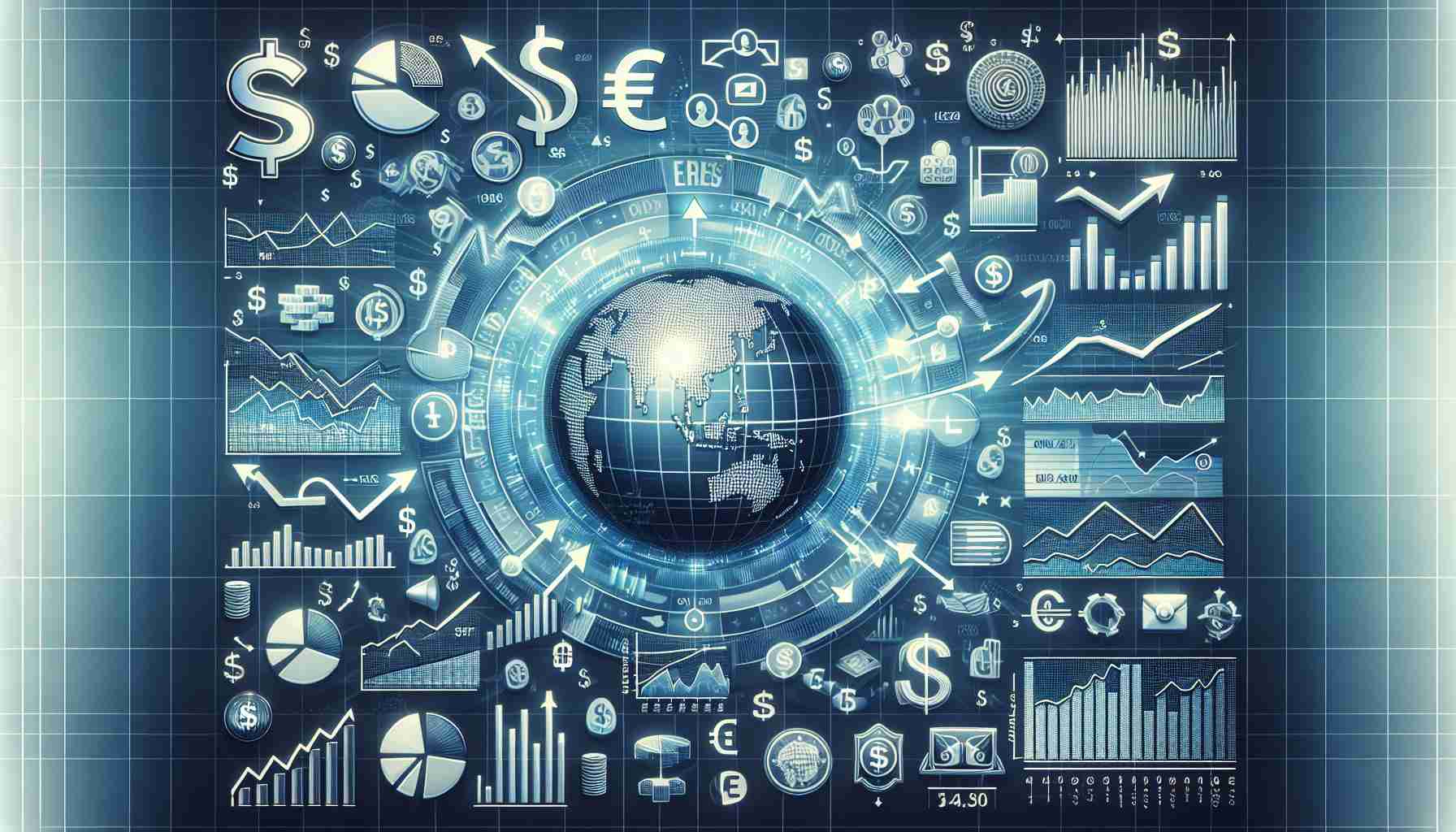 Create an HD realistic image that represents the potential impacts that emerging economic data could have on markets and monetary policy. This concept can be symbolised through a complex chart with stock market graphs, economic growth indicators showing variances, and a symbolic representation of monetary policy adjustments. Please include a variety of financial symbols and icons, such as the dollar sign, fluctuating arrows, pie charts, bar graphs, and line graphs to depict the interconnectivity of these elements.