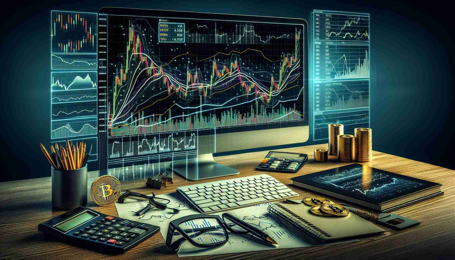 A high-definition, realistic image presenting the analysis of Bitcoin's market movements and key price levels. The image includes a computer screen showcasing a Bitcoin trading chart with fluctuating price levels. Various supporting elements such as trend lines, candlestick figures, and trading volume bars are displayed on the chart. Include additional analytical tools like calculators, glasses, and notepad on the table. Please, incorporate symbols of Bitcoin; golden coins with the Bitcoin logo may be placed next to the computer.