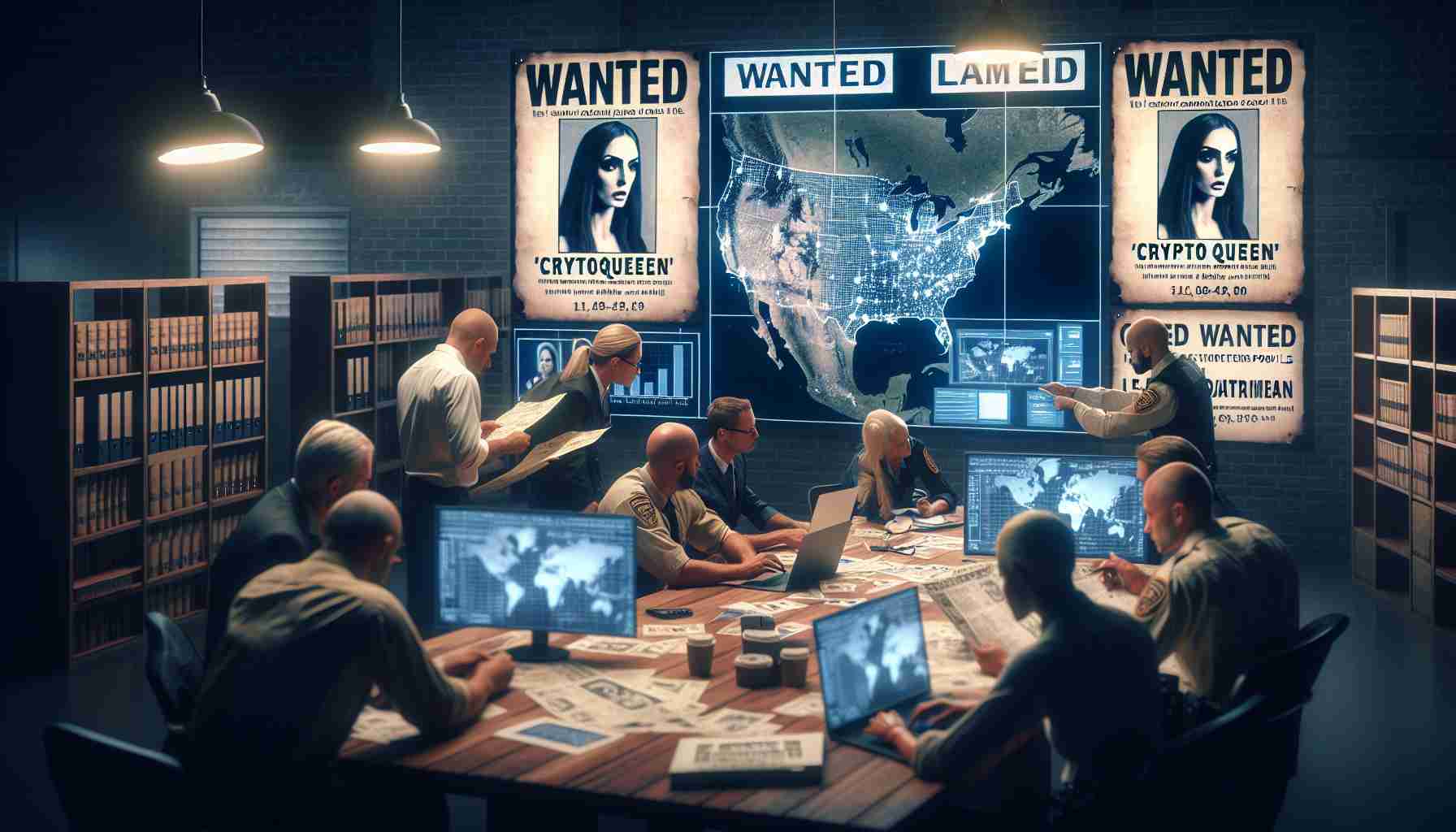 Create a realistic HD image representing the heightened efforts by U.S. authorities in the search for a well-dressed, elusive female figure known as a 'Cryptoqueen'. The scene should depict behind-the-scenes law enforcement activities, with officers huddled around maps and computer screens, analyzing data and discussing strategies. The 'Cryptoqueen' herself should not be present in the scene, but her presence should be implied through the wanted posters and digital profiles displayed.