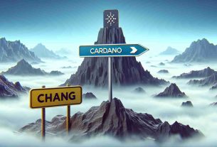 High-resolution realistic image of a symbolic representation of Cardano, a digital cryptocurrency, facing some challenges. It could be visualized as a mountain-like obstacle in the way of a sign, which stands for the upcoming 'Chang' Hard Fork. This points towards an atmospheric anticipation among its followers.