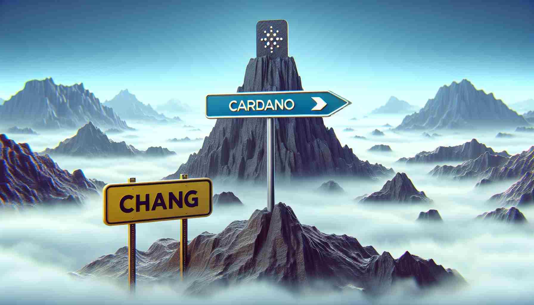 High-resolution realistic image of a symbolic representation of Cardano, a digital cryptocurrency, facing some challenges. It could be visualized as a mountain-like obstacle in the way of a sign, which stands for the upcoming 'Chang' Hard Fork. This points towards an atmospheric anticipation among its followers.