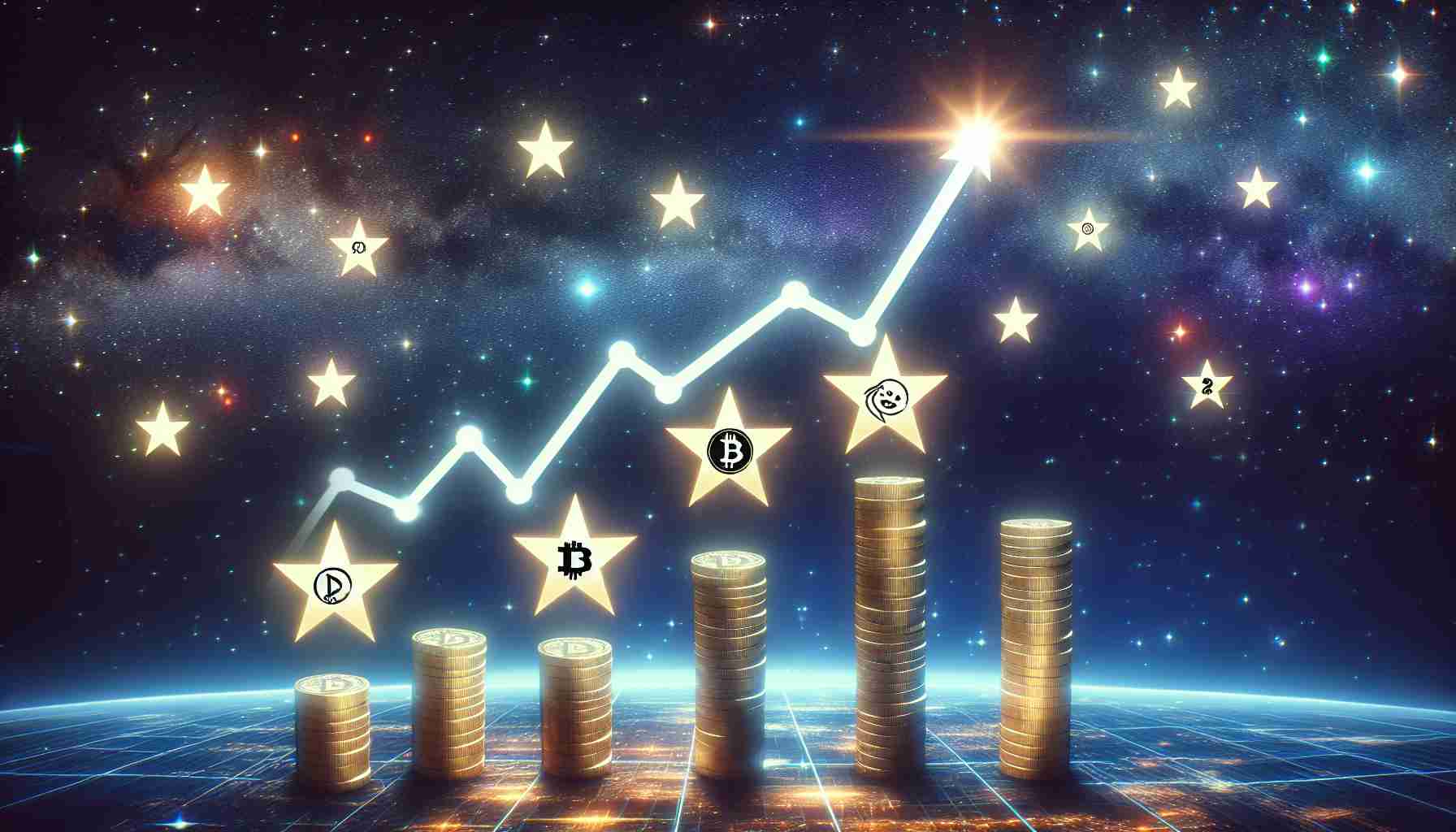 Create a high-definition, realistic image representing the concept of 'Emerging Stars', specifically related to meme-based cryptocurrencies gaining traction within the digital currency landscape. Include the visualization of a star-lit sky with rising stars that bear symbols of virtual currencies. The sky metaphorically represents the crypto market. Also, display an upward trend chart indicating growth and popularity of these currencies in the background.