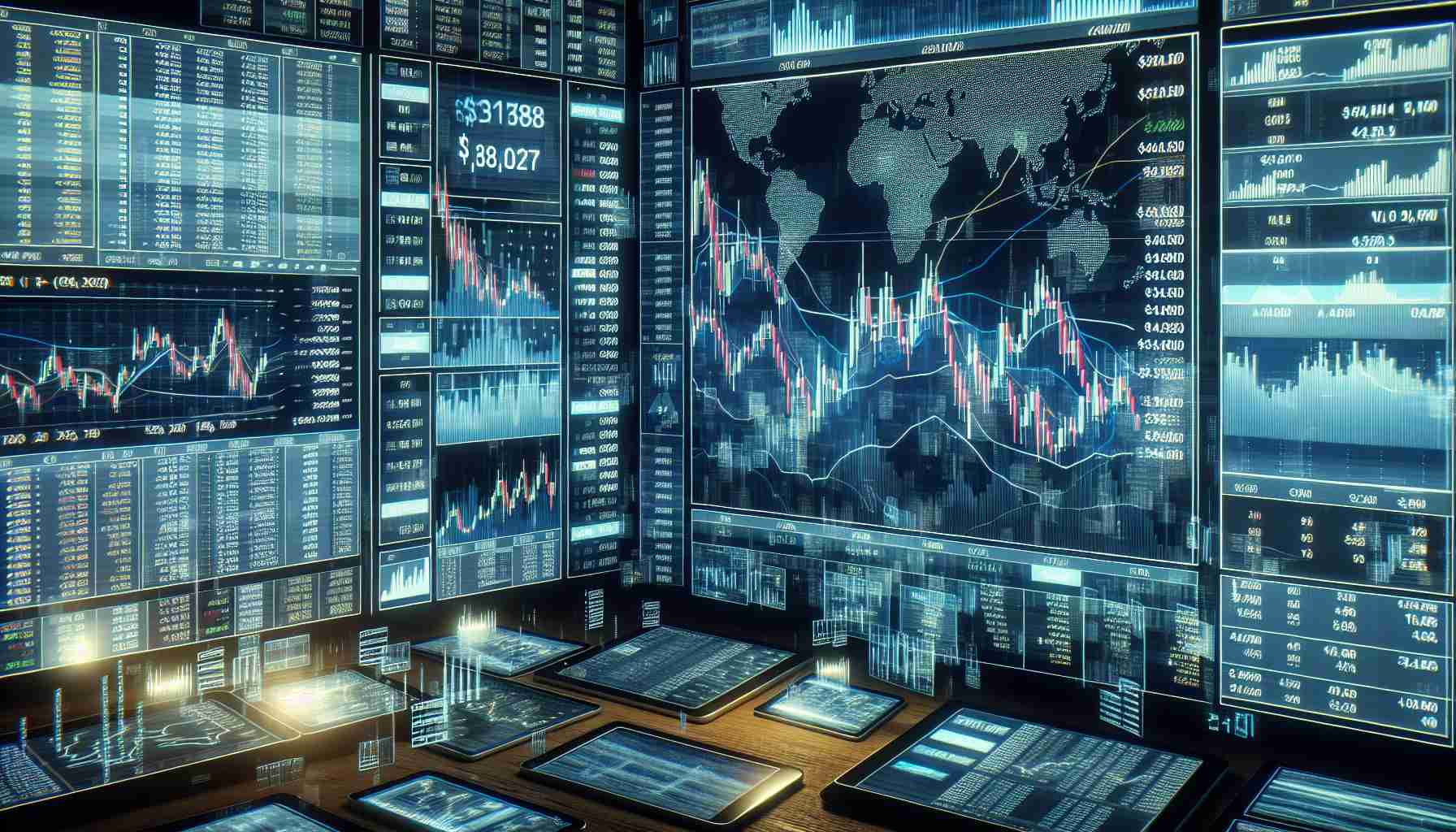 Create a realistic high-definition image of numerous computer screens displaying charts and numbers to depict a trading situation, where over $3 million in a particular digital currency trades are being liquidated. Also showcase noticeable fluctuation and struggle in the price patterns.