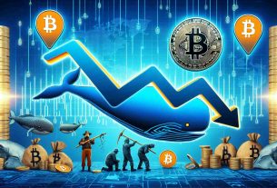 A high-definition image representing the concept of Downward Price Pressure on Bitcoin, wherein Miners and Whales are selling off their assets. Include symbols such as Bitcoin logos, graphs showing a downward trend, and icons representing Miners and Whales in the context of cryptocurrency.