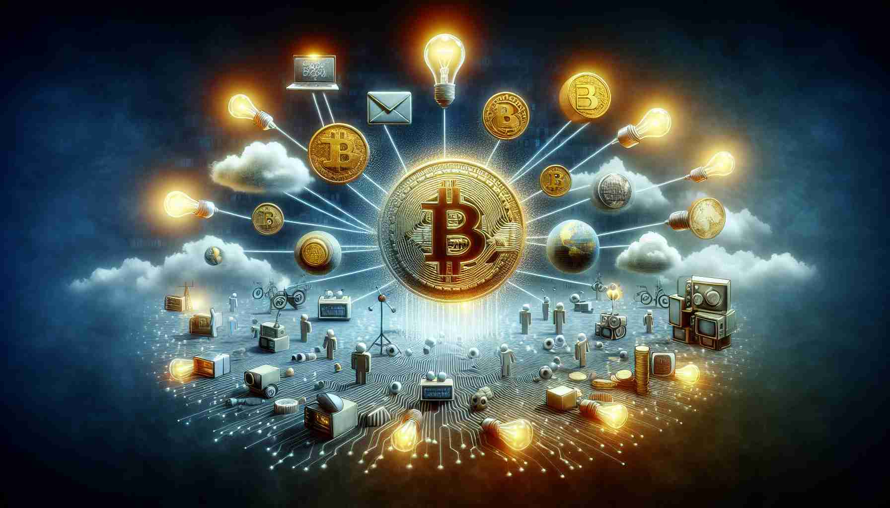 Realistic high-definition image representing a conceptual representation of Decentral Media, Inc. clarifying its role in distributing information about cryptocurrency. Picture the metaphorical interpretation of the media company as a source spreading knowledge, with symbolic representations of crypto-related items such as coins or blockchain symbols. Emphasis on the communication aspect to denote 'information dissemination', maybe through the use of classic communication symbols like envelopes, radio waves or light bulbs.