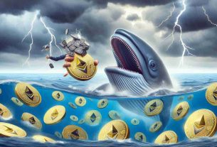 A realistic high-definition illustration of a financial scenario involving the Ethereum cryptocurrency. It captures the moment when big investors, metaphorically represented as giant whales, are scooping up millions of Ethereum tokens (depicted as shining coins with the ETH logo), amidst a backdrop of a storm representing market uncertainty. The storm has dark clouds, flashing lightning, and turbulent waters, subtly indicating the volatility of the cryptocurrency market.