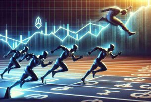 Create a realistic high-definition image that visually represents the concept of '5thScape' gaining traction in a metaphorical race, while 'dYdX' appears to be struggling. This race is taking place on a track that is stylized to look like a cryptocurrency market graph with peaks and valleys.