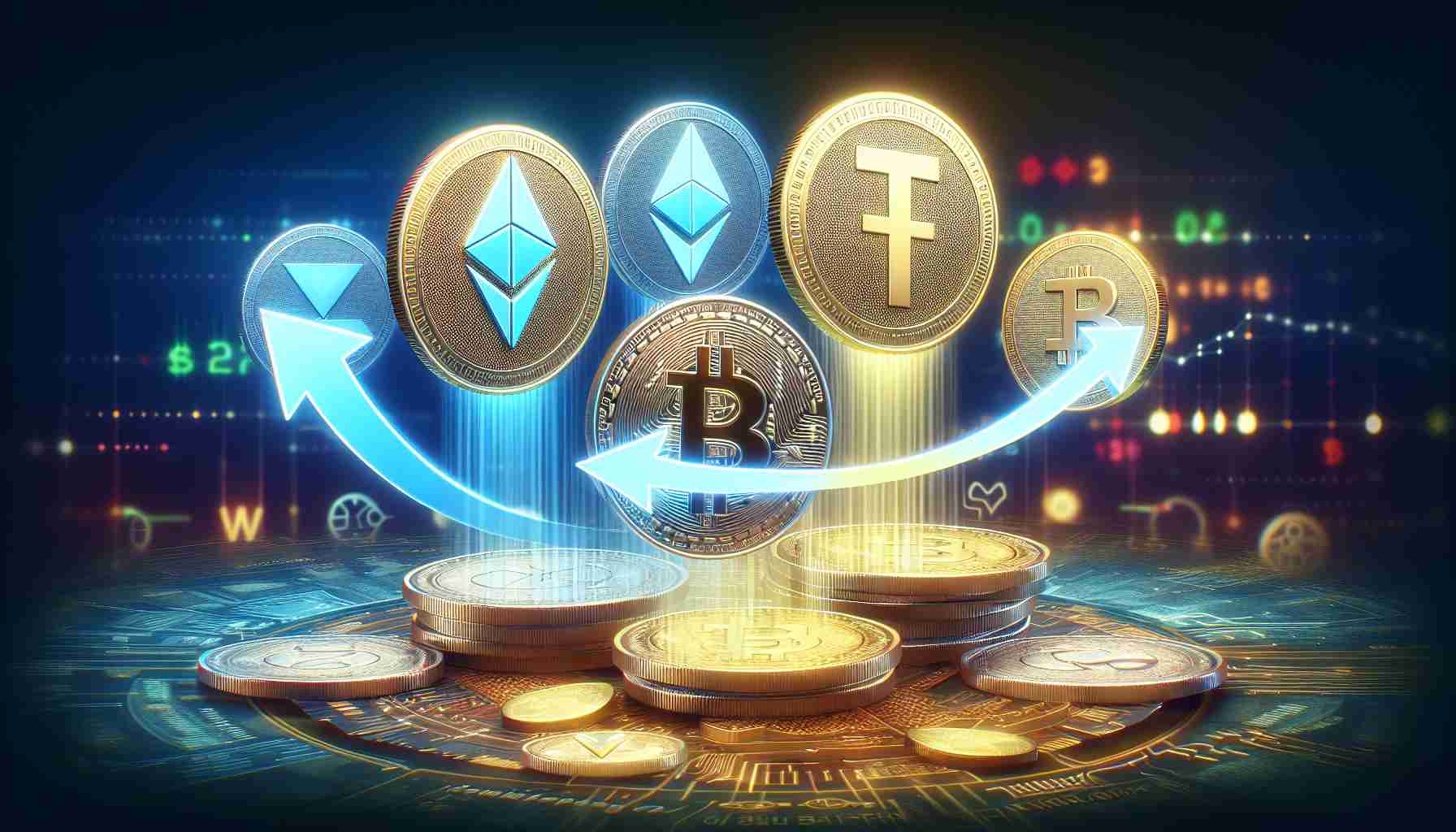 Realistic high definition image of a symbolic representation featuring the concept of Tether refocusing its support on select blockchains, while phasing out USDT on EOS and Algorand. The image could include visual elements associated with the cryptocurrencies, such as coins, and symbols, with a backdrop suggesting a transition or shift in focus. The EOS and Algorand symbols could be shown fading or moving away, indicating their phase out. The focus of the image would then be on the other select blockchains, with their respective symbols appearing sharp and prominent, indicating increased support.