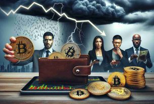 Create a high-definition realistic image illustrating a wallet spilling out bi-color metallic coins with the 'B' symbol, alluding to Bitcoin. Nearby, add a diverse trio of investors: a Middle-Eastern male, a Caucasian female, and a Black male, all looking concerned while looking at a downward trending graph on a digital display. To depict the impending correction, depict stormy weather looming in the background, with dark clouds and flashes of lightning.