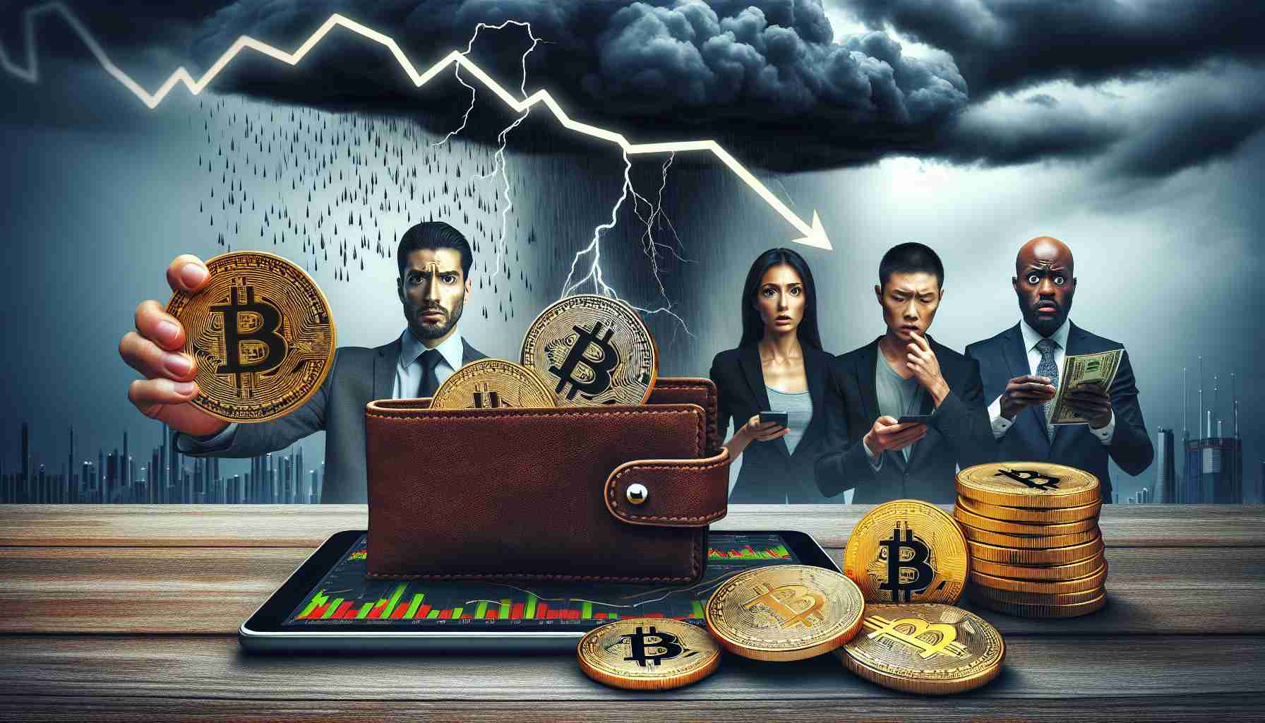 Create a high-definition realistic image illustrating a wallet spilling out bi-color metallic coins with the 'B' symbol, alluding to Bitcoin. Nearby, add a diverse trio of investors: a Middle-Eastern male, a Caucasian female, and a Black male, all looking concerned while looking at a downward trending graph on a digital display. To depict the impending correction, depict stormy weather looming in the background, with dark clouds and flashes of lightning.