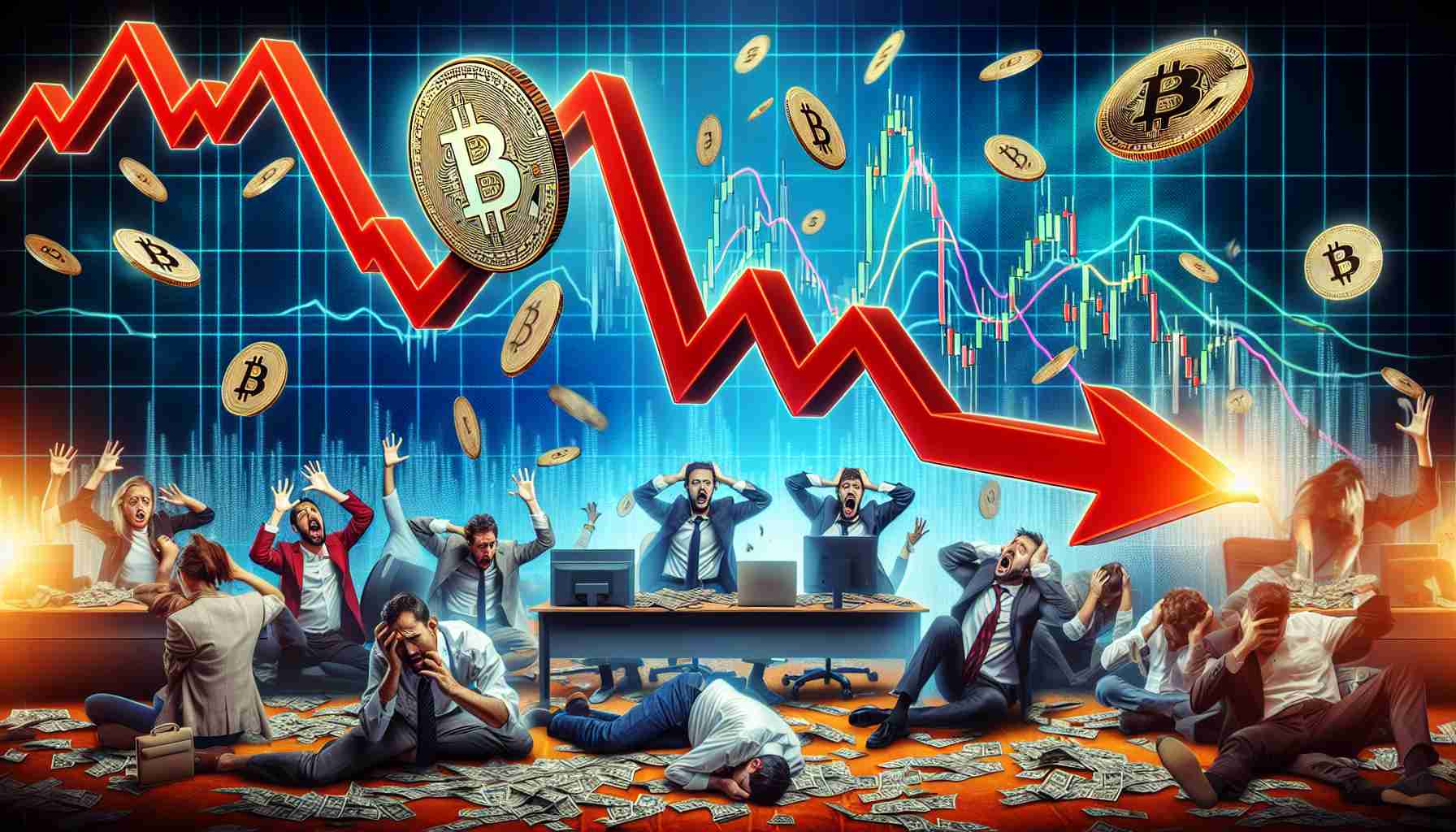 A high-definition representation of a drastic fall in Bitcoin value causing immense liquidations in the cryptocurrency market. Visualize the trending chart showing a sharp downward curve (symbolizing Bitcoin's value), coupled with images of stressed traders, overflowing sell orders, and panicked market atmosphere. Please avoid displaying identifiable logos or symbols relating to specific cryptocurrencies.