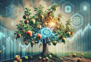 Realistic high definition image of an apple tree flourishing with ripe apples symbolizing growth and prosperity, combined with conceptual stock market graphics indicating a surge in share prices. Additionally, include elements representing partnership and the advent of a new era in artificial intelligence, such as integrated circuit components, futuristic data interfaces and artificial neural networks.