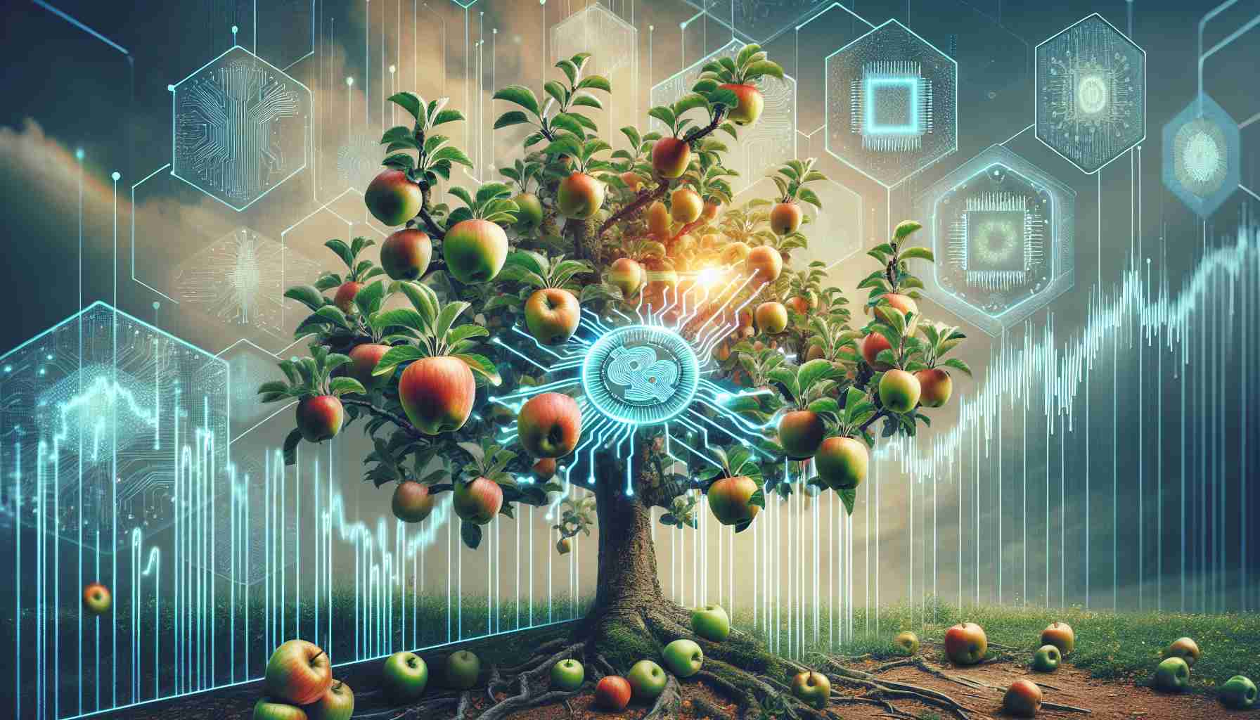 Realistic high definition image of an apple tree flourishing with ripe apples symbolizing growth and prosperity, combined with conceptual stock market graphics indicating a surge in share prices. Additionally, include elements representing partnership and the advent of a new era in artificial intelligence, such as integrated circuit components, futuristic data interfaces and artificial neural networks.