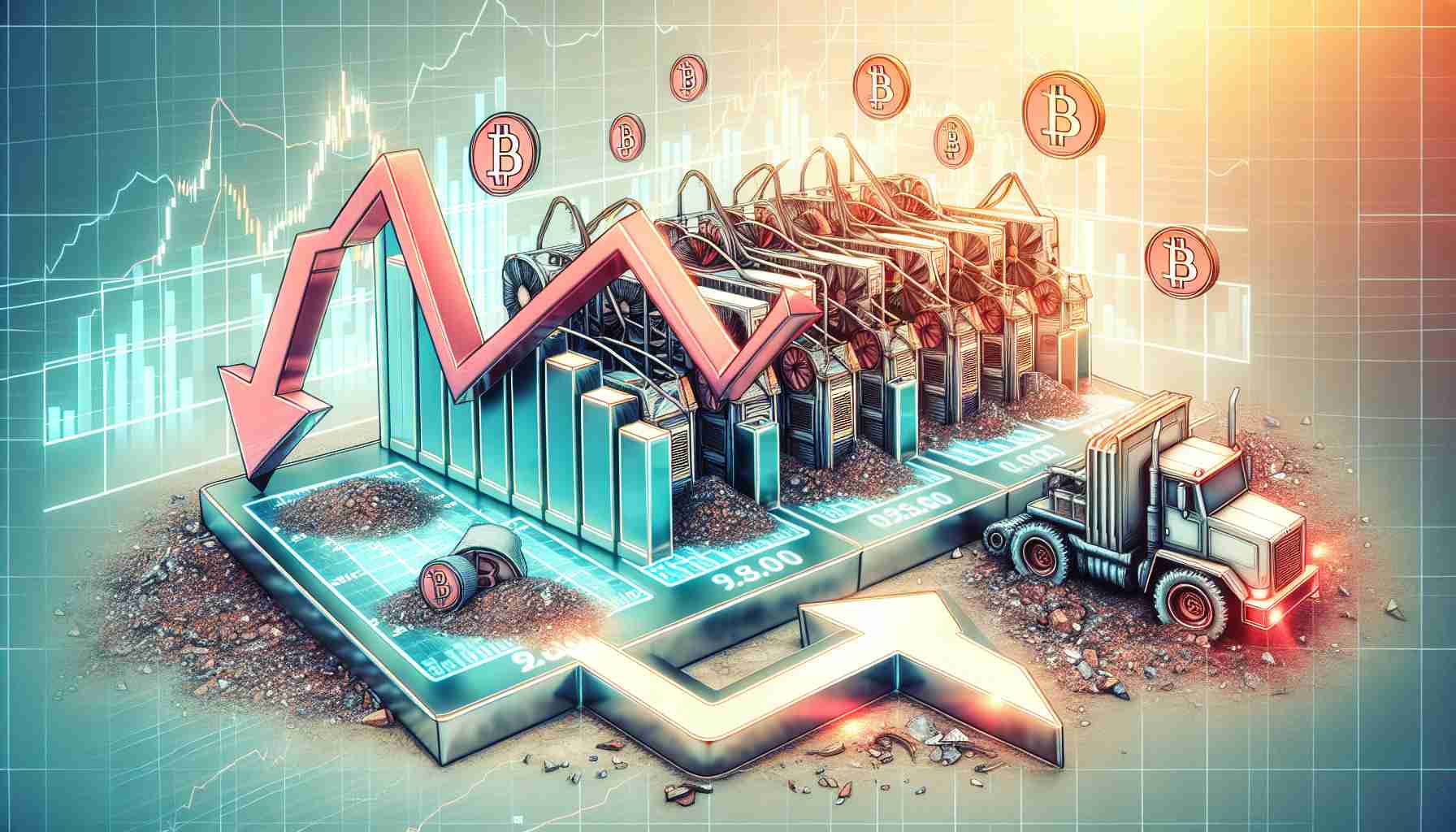 Generate a highly detailed and realistic image that depicts the concept of the downturn in Bitcoin mining and its impact on market dynamics. The visual representation may include an illustration of mining equipment being inactive or discarded, a clear bar chart or line graph showing a negative trend in Bitcoin mining, and symbols or icons indicating change in the market, such as descending arrows or stock exchange numbers in red.