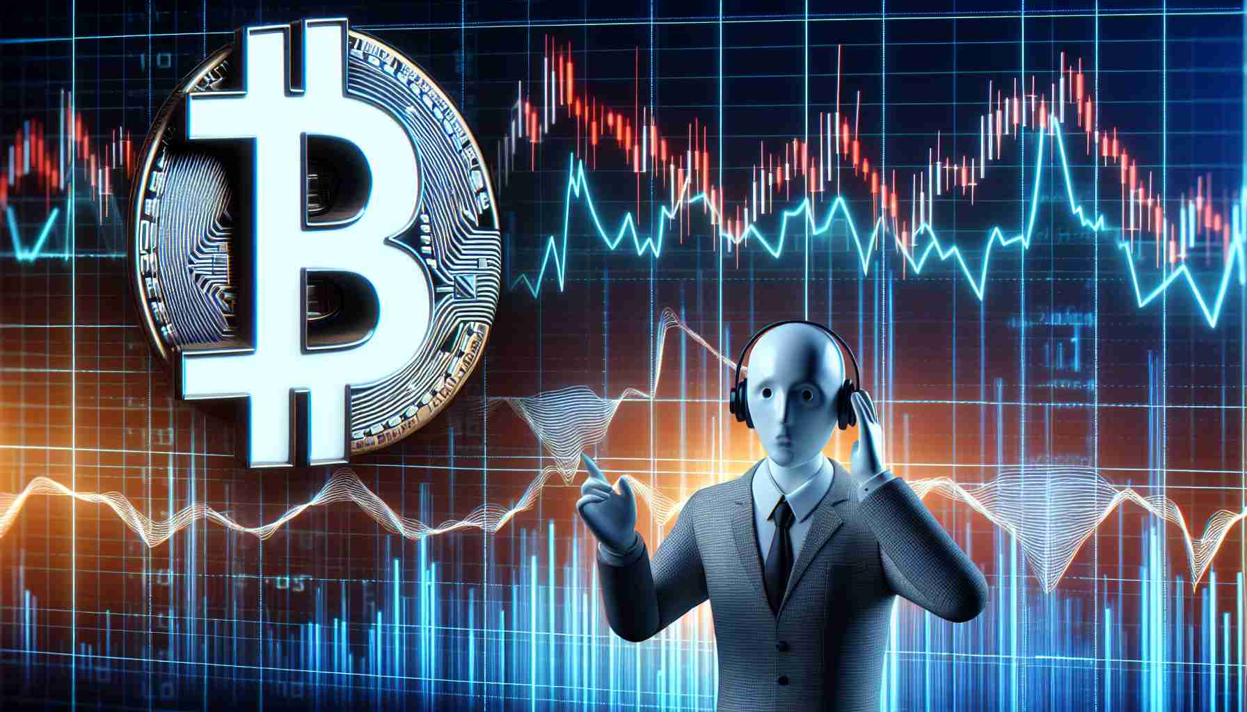 A high-resolution, realistic image of digital Bitcoin symbols fluctuating on a virtual market chart. The chart is depicting a bearish trend, hinting at a potential stock market retreat. Alongside, an image of a generic, non-identifiable analyst character with a worried expression is giving a warning.