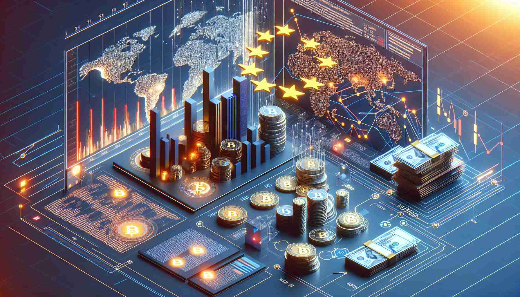 Render a detailed, high-definition illustrative infographic about the European Union implementing stricter financial regulations, with a special focus on the effects on cryptocurrency transactions.