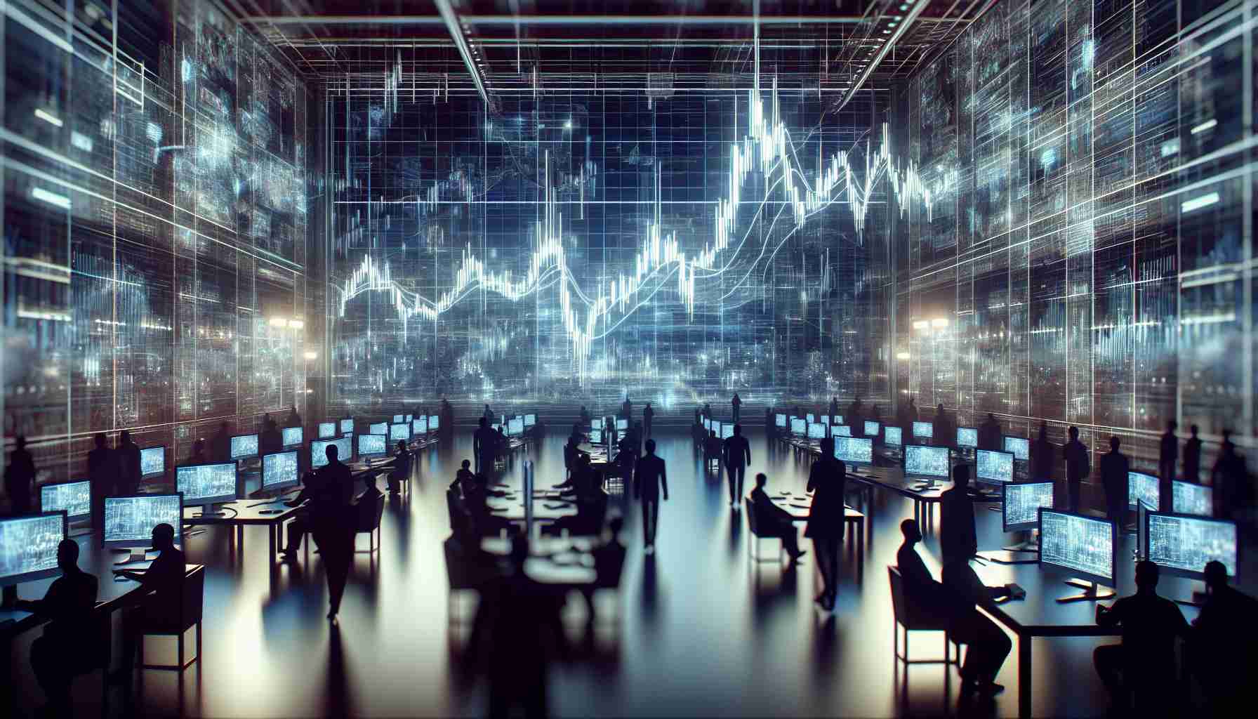 Generate a realistic, high-definition image portraying the dynamic fluctuations in the cryptocurrency market. The focus should be on a large screen in the background displaying a complex graph with ups and downs, signifying the volatility of digital currencies. The surrounding area may look like a high-tech trading floor filled with multiple ambiguous silhouettes of people analyzing data. Ensure the overall vibe is intense and suspenseful due to market uncertainty, but also full of technology and sophistication to reflect the modern digitally-led economy.