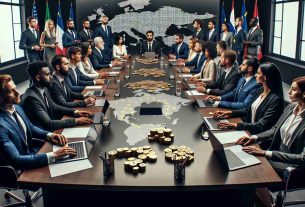 A high-definition photo portraying a meeting room filled with cryptocurrency advocates respecting their prominent roles within the European political landscape. The scene includes a diverse range of individuals: Black, White, Hispanic, Middle-Eastern, and South Asian men and women, all dressed in professional attire and engaged in serious discussion. On the table, various laptops and documents related to digital currencies are visible. The backdrop displays a large map of Europe, symbolizing their political context.