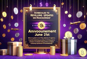 Create a high-definition, realistic image of an announcement banner for the PancakeSwap platform, displaying that they are scheduled to reveal thrilling updates on June 21st. Include a backdrop design relevant to cryptocurrency or digital artillery with prominence of gold and purple colours representative of PancakeSwap.