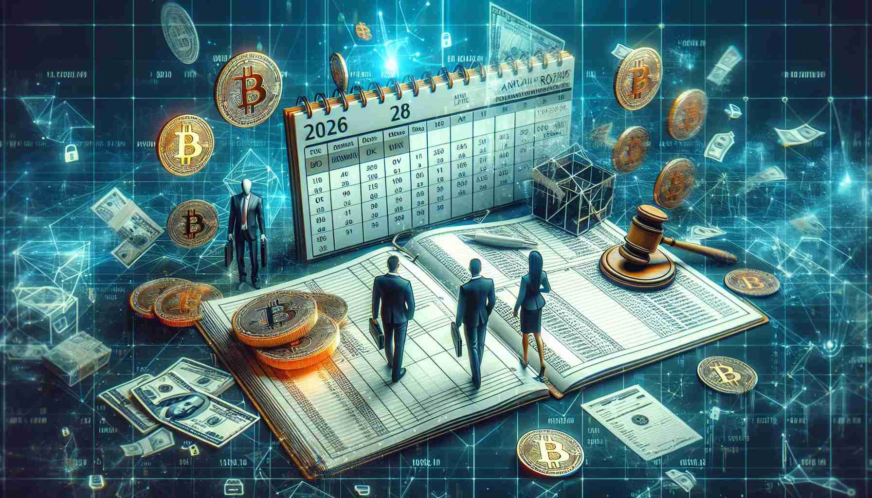 A high-definition, realistic illustration depicting the scenario of 'New Crypto Tax Compliance Measures' that are scheduled to be implemented in 2026. The image could include symbolic elements like cryptocurrency symbols, ledgers, legal documents, and possibly an annual calendar opened on the year 2026 to represent the timeline. Also, the image may contain an abstract representation of government entities involved with devising tax policies wearing formal suits. However, no identifiable or specific figure should be depicted.