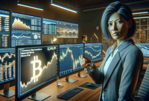 A realistic, high-definition image depicting the situation of an investment analyst, who is a middle-aged South Asian woman, warning investors about Bitcoin due to its significant quarterly drop. She can be visualized in a modern office setting, surrounded by multiple computer monitors showcasing different cryptocurrency trends, with a particular emphasis on Bitcoin's dropping graph visuals. The mood in the room should be serious and tense, capturing the heightened concern about the volatile nature of cryptocurrency.