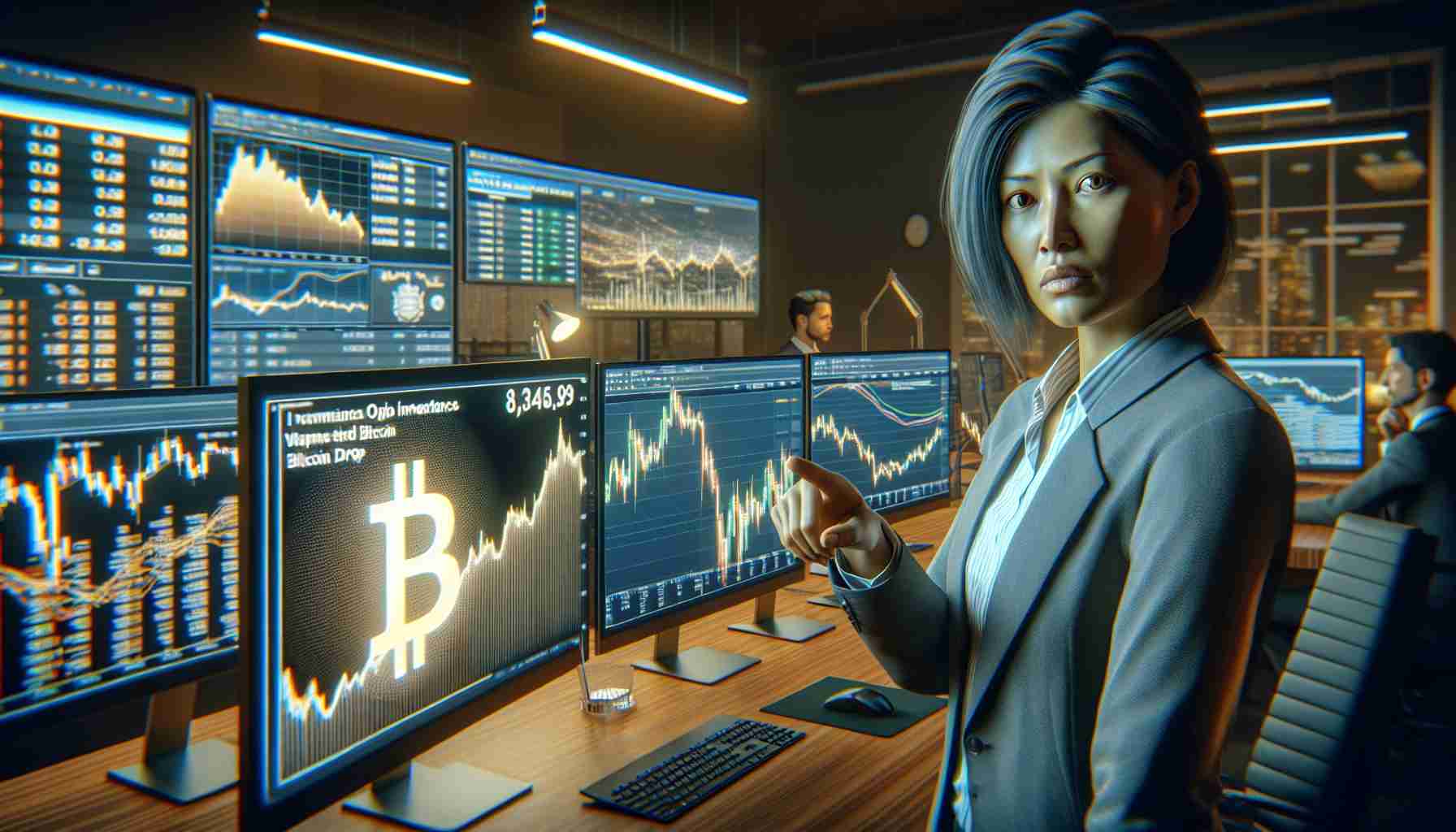 A realistic, high-definition image depicting the situation of an investment analyst, who is a middle-aged South Asian woman, warning investors about Bitcoin due to its significant quarterly drop. She can be visualized in a modern office setting, surrounded by multiple computer monitors showcasing different cryptocurrency trends, with a particular emphasis on Bitcoin's dropping graph visuals. The mood in the room should be serious and tense, capturing the heightened concern about the volatile nature of cryptocurrency.