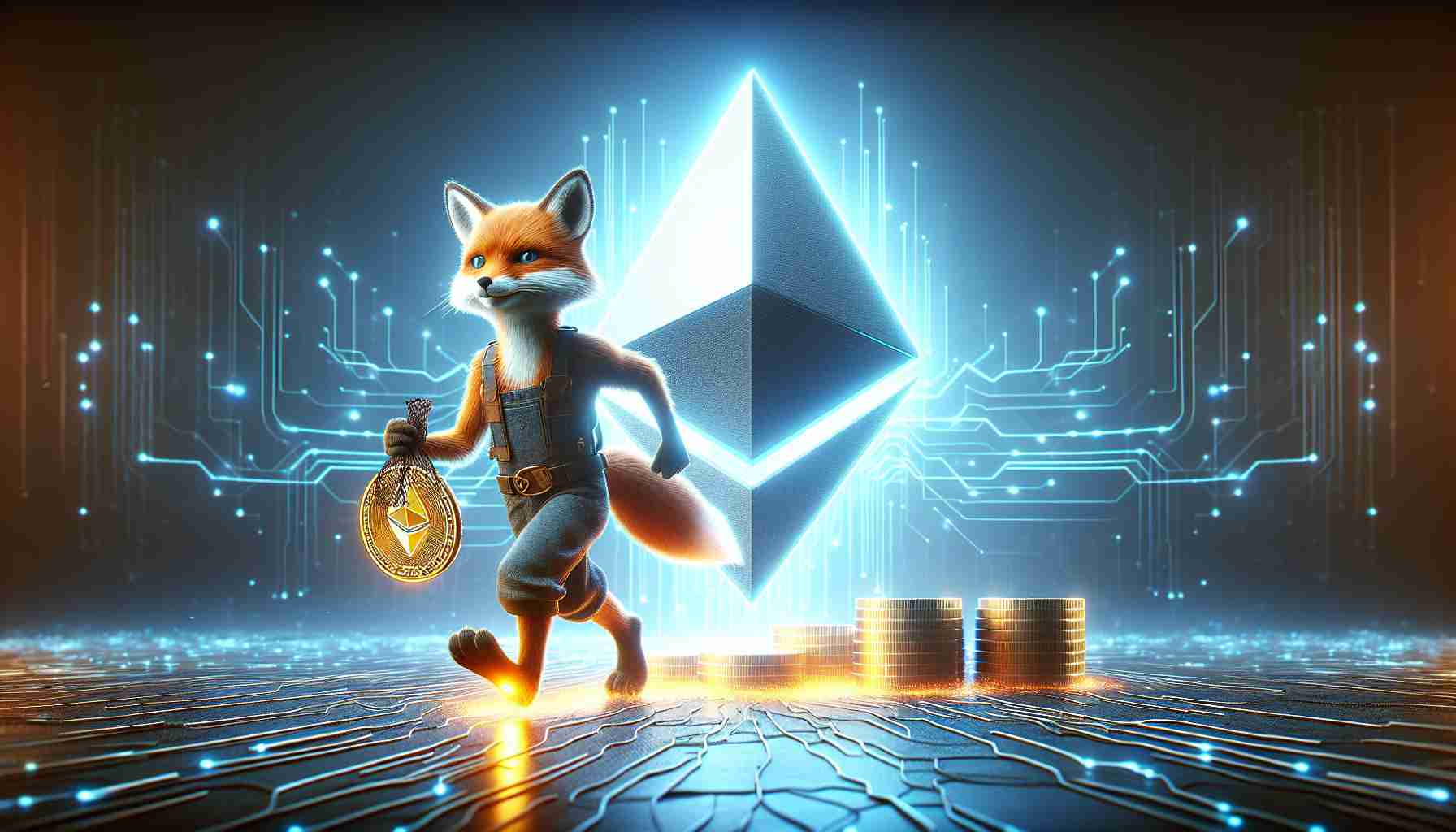 A highly detailed and realistic, high-definition depiction of the concept of MetaMask, a digital wallet used in cryptocurrency transactions, entering into the Ethereum staking arena. This is symbolized by MetaMask, represented as an anthropomorphized fox, striding confidently towards a glowing Ethereum logo. The fox carries a unique 'pooling feature', potentially illustrated as a net or a pool cue, indicating innovation and optimization of resources in Ethereum staking. The whole scene is set in a digital, futuristic environment to reflect the advanced technology involved.