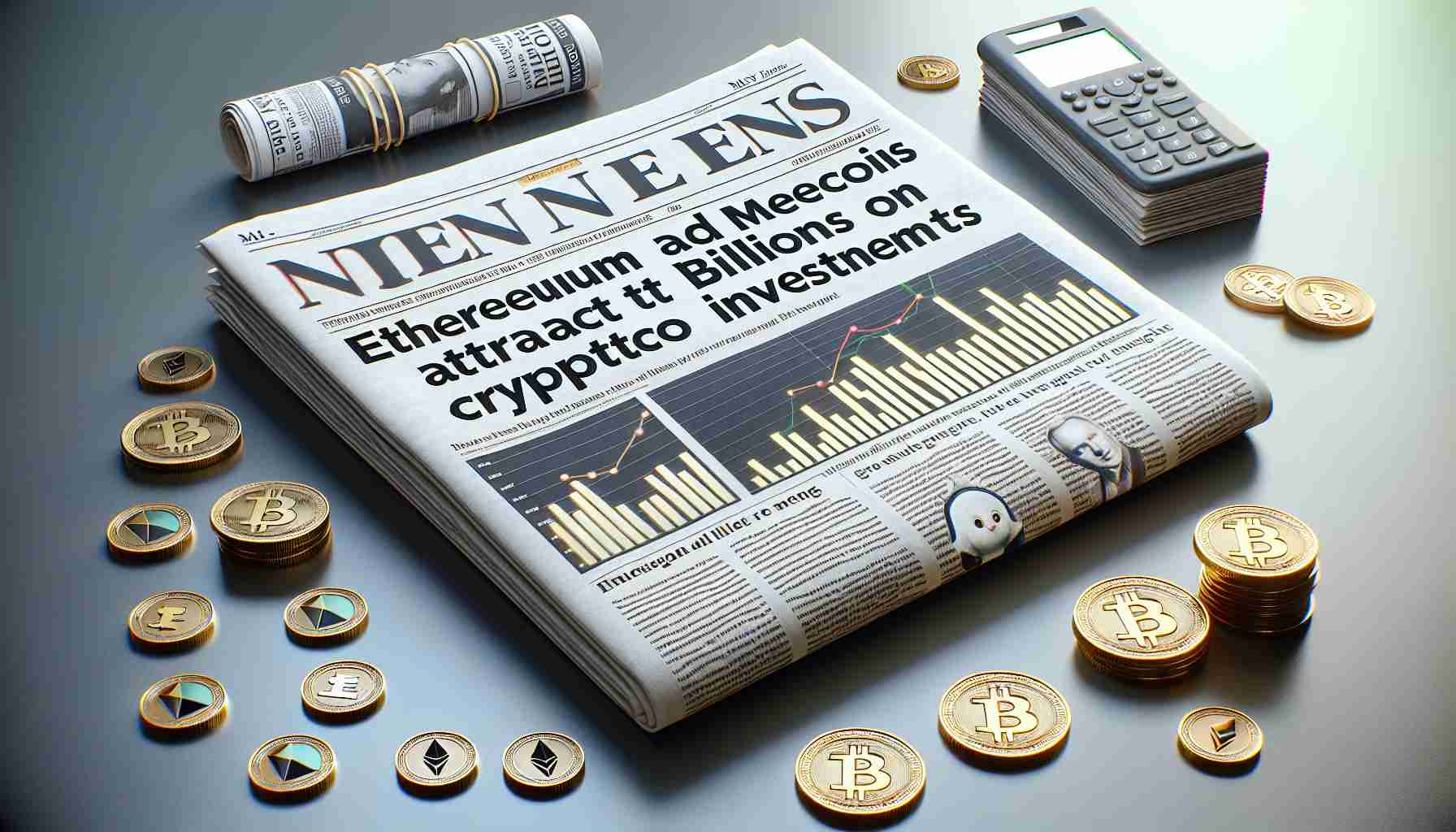 A realistic, high-definition image of a newspaper headline from May 2024 which reads, 'Ethereum and Memecoins Attract Billions in Crypto Investments'. Surrounding the headline are various aspects of a newspaper's front page such as bar graphs displaying the rise in investments, articles with teaser texts, and other related crypto news.