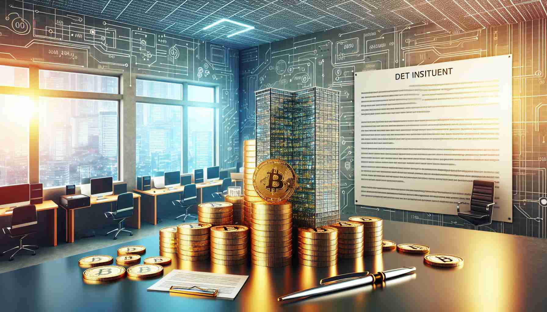 Producing a hyper-realistic digital image showcasing the abstract concept of MicroStrategy expanding their Bitcoin holdings through a debt instrument. The image features a symbolic representation of the company such as a towering skyscraper, with Bitcoins (depicted as physical gold coins with a Bitcoin symbol) piling up in a room. In the foreground, a document symbolizing the debt instrument, like a formal contract or a bond, is prominently displayed. The overall ambiance reflects the complexity and digital nature of cryptocurrency transactions.