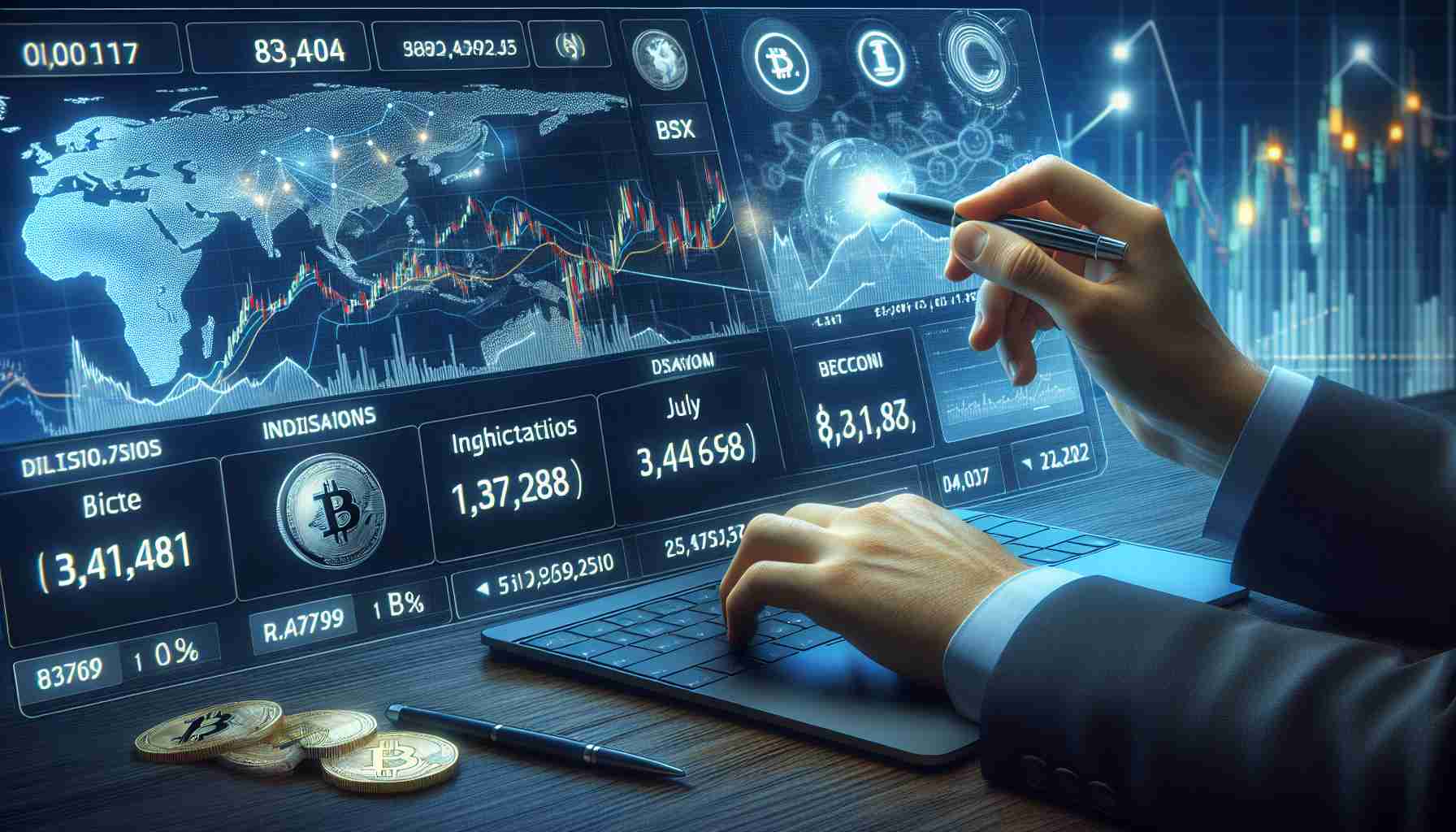 Realistic high-definition digital rendering of a financial analyst predicting a low Bitcoin price, with indications and signs pointing towards a potential rebound in July.