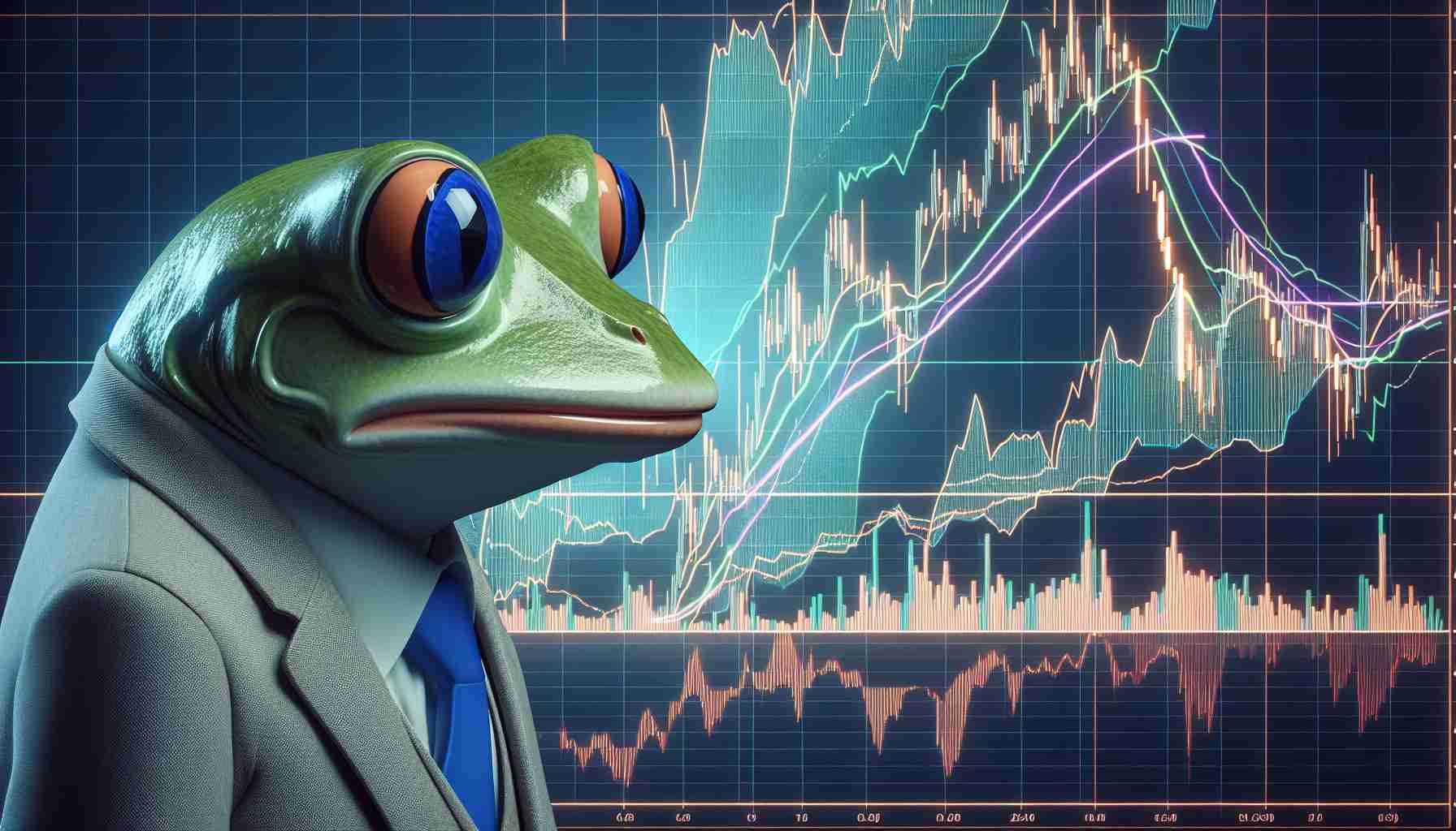 High definition, realistic image of an anthropomorphic frog character looking uncertain, set against a backdrop of an abstract representation of a financial market chart with critical support and resistance levels, denoting anticipation of a retest of vital support.